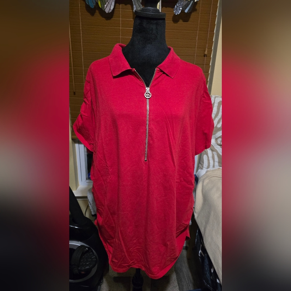 Michael Kors Red Zip-Up Polo Shirt With Ruching On Sleeves And Sides (D)